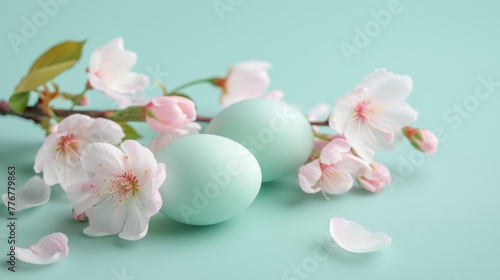 Two eggs are placed among a variety of colorful flowers on a vibrant blue background. The eggs are whole and uncracked, surrounded by delicate petals and green leaves. photo