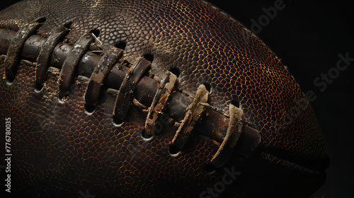 This image captures the rough texture and well-worn laces of an aged leather football