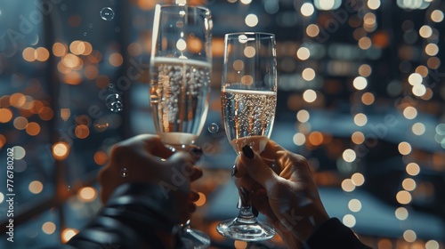 Two individuals are celebrating and toasting with glasses of champagne against the backdrop of a city skyline. The cityscape features tall buildings, lights, and a bustling urban environment.