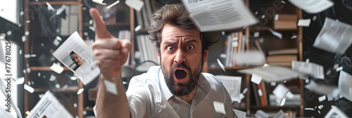 Frustrated Man Reacting to Defamatory Newspaper Headline in Office Chaos photo