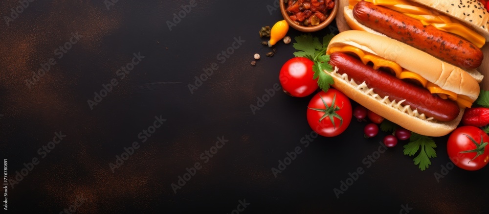 Close-up view of a delicious hot dog topped with melted cheese and fresh tomatoes on a bun