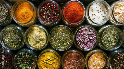 Overhead view of diverse spices contained in jars, arranged neatly displaying a spectrum of colors and textures photo