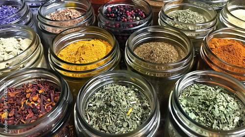 Rows of glass jars filled with colorful spices and seeds offer a vibrant culinary palette close-up