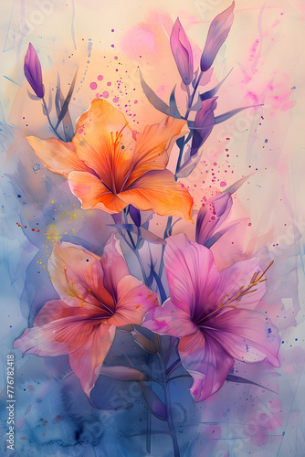 Abstract floral watercolor art with botanical flowers, suitable for postcards, banners, prints, and invitations. © ELmidoi-AI