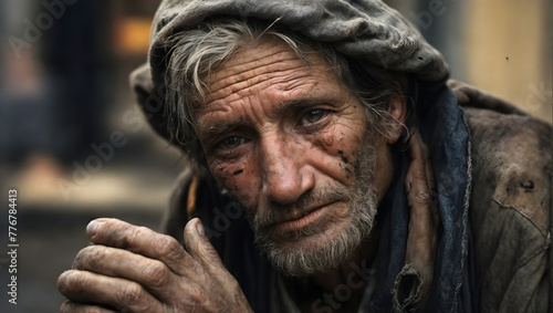 The hardships of poverty, with a close-up of a homeless person's weathered face and hands