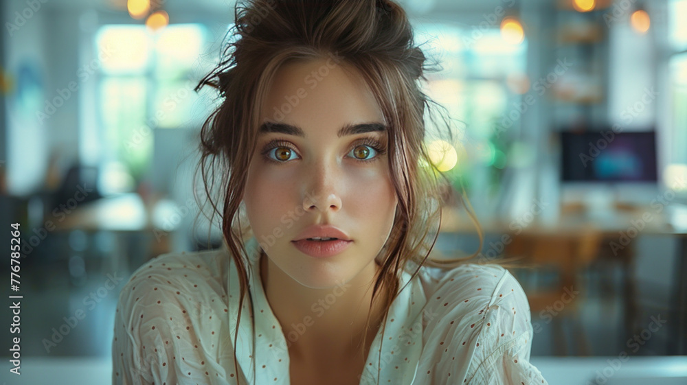 a young businesswoman dressed in casual formal business clothes, sits in a large bright office.generative ai a young businesswoman dressed in casual formal business clothes, sits in a large bright office.generative ai