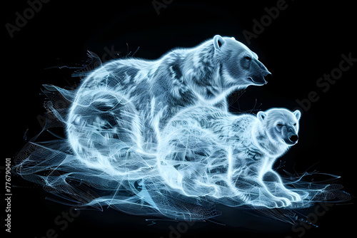 Neon wireframe illustration of a polar bear family huddled together isotated on black background.