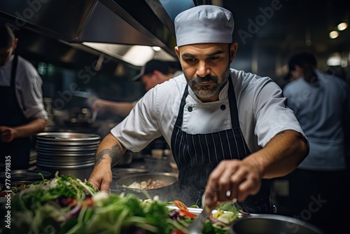 professional chef in a restaurant kitchen  surrounded by the hustle and bustle  showcasing the chef s focused expression and precise culinary movements