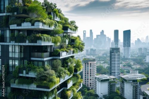 An advanced city showcasing sustainable energy solutions, green architecture, and eco-friendly innovations. Skyscrapers with vertical gardens and renewable energy sources dominate the skyline.