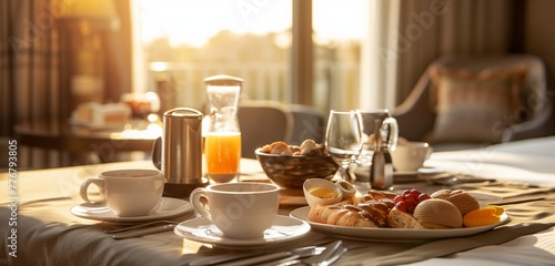 Indulge in a gourmet breakfast feast served with elegance in the comfort of a luxury resort room. 