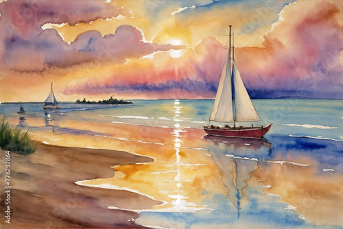 A watercolor painting of a yacht on the coast as the sunset fades away