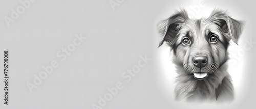 Pencil draw for a head of dog, HDR, isolated gray background, panorama, with free space to add your text