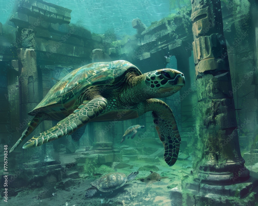 Fototapeta premium Sea turtle adventure exploring ancient underwater ruins