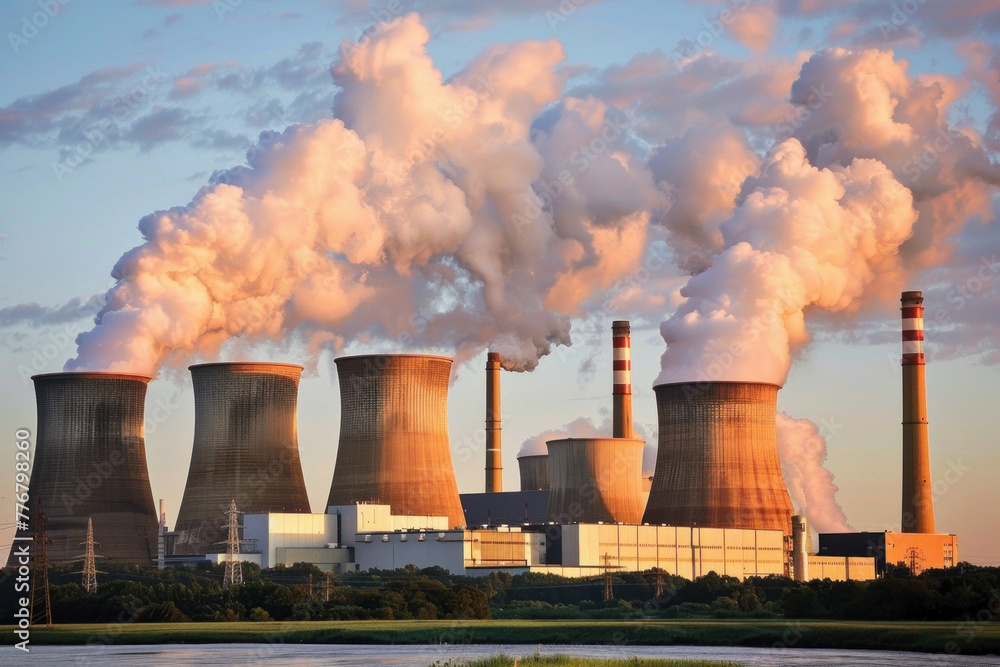 Cooling towers emitting steam at a power plant during sunset. Cooling towers emitting steam at a power plant during sunset.