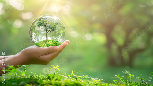 human hand holding tree crystal ball inside copy space for banner,renewable energy concept