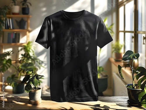 Black Gildan T-Shirt Mockup on Indoor Table with Plants and Natural Light, A high-quality and minimalist t-shirt mockup for apparel and fashion photo