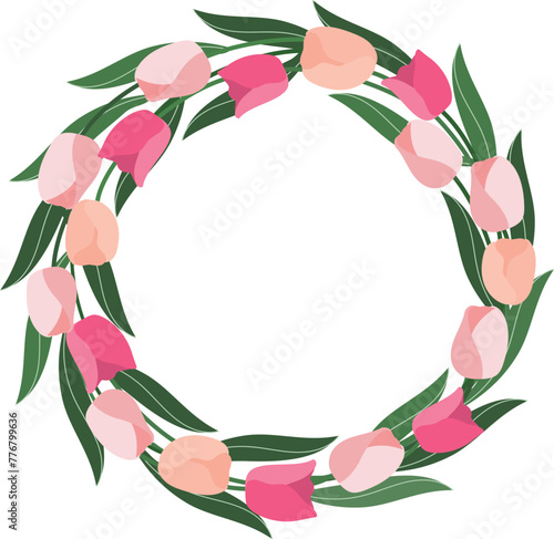cute pink tulip flowers wreath frame border garland hand drawn clipart element vector illustration for invitation greeting birthday party celebration wedding card poster banner background wallpaper