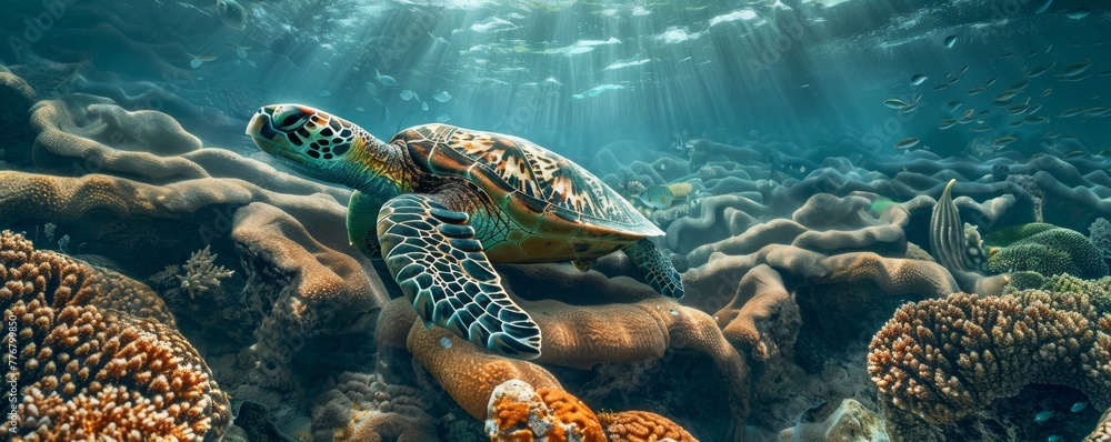 Sea turtle making its way through a maze of coral Sea turtle making its way through a maze of coral
