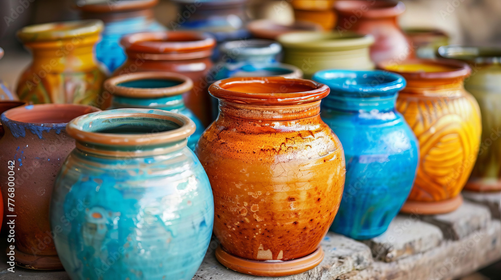 Vibrant and textured ceramic pottery in multiple colors and designs showcased on a wooden table