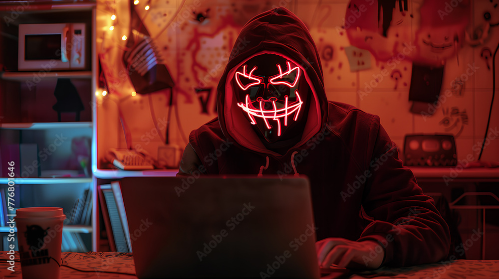 A man is wearing a hoodie and holding a laptop. The image has a dark ...