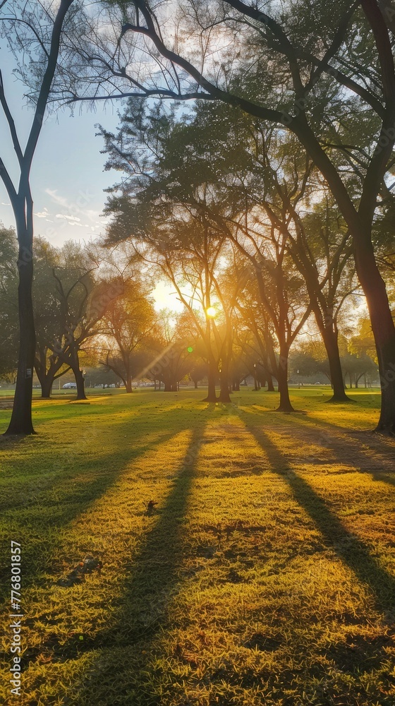 Naklejka premium Sunrise in a serene park a new day dawns