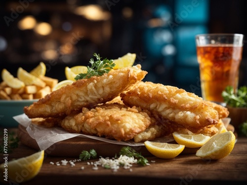 Famous British fish and chips, cinematic food photography 