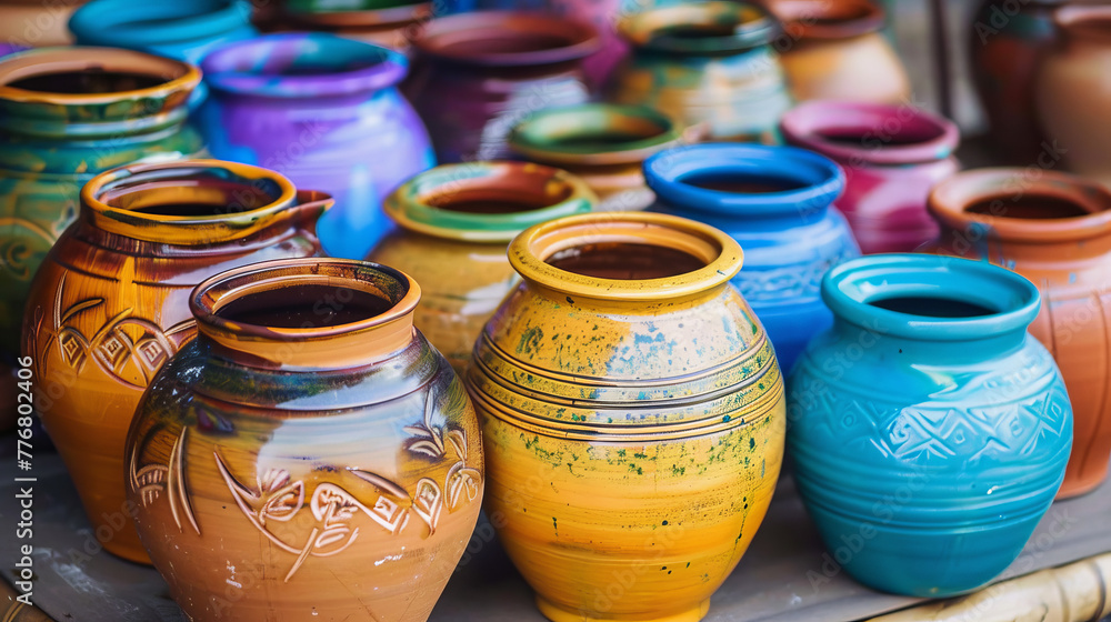 Brightly colored pots with different patterns and shapes line a shelf, reflecting the vibrant culture and artistry