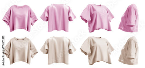 2 Set of pastel light pink beige woman loose cropped midriff tee t shirt round neck front, back and side view on transparent background cutout, PNG file. Mockup template for artwork graphic design photo