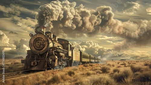 Train chugging through the Wild West smoke trailing against the vast