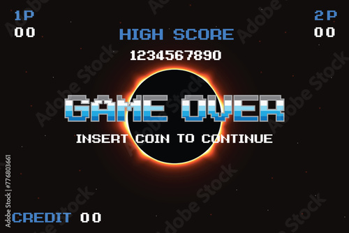 GAME OVER. pixel art .8 bit game. retro game. for game assets in vector illustrations. Solar Eclipse Illustration background. Total solar eclipse vector illustration