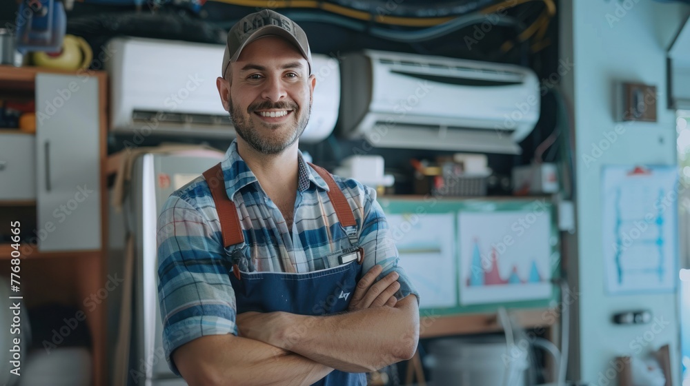 A smiling man in a plaid shirt and overalls standing confidently in a workshop with tools and equipment in the background.