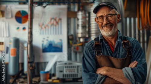Smiling older man in overalls and cap standing in a workshop with charts in the background, exuding experience and confidence.