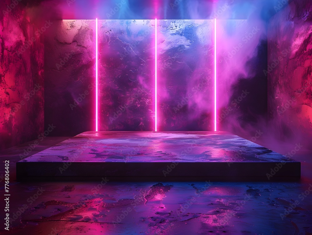 Neon Lit Futuristic Stage with Reflective Floor and Moody Atmosphere