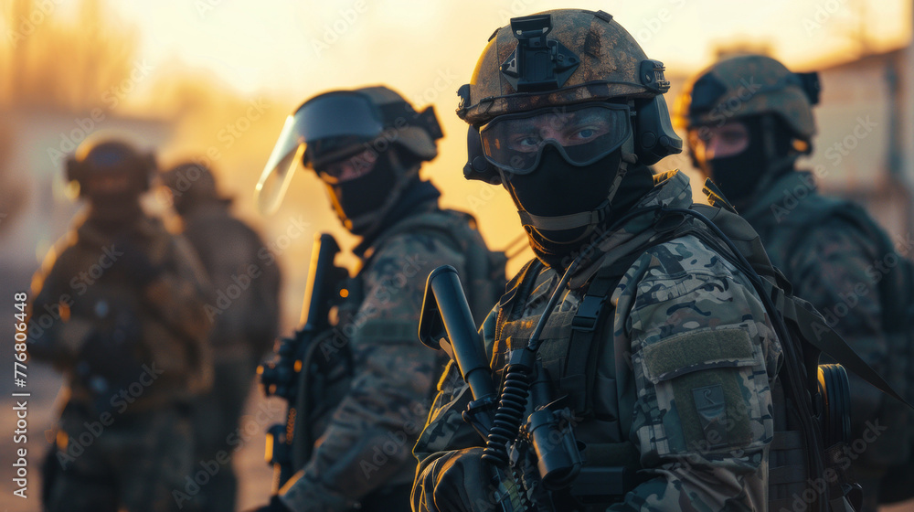 Fototapeta premium Soldiers silhouetted against a golden sunset, conveying a sense of mystery and the unknown in military operations