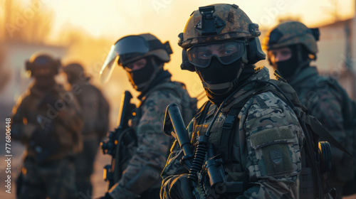 Soldiers silhouetted against a golden sunset, conveying a sense of mystery and the unknown in military operations photo