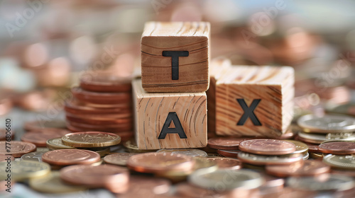 Wooden Blocks Spelling Tax on Top of a Pile of Coins