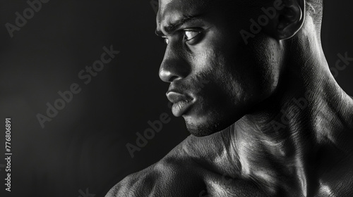 A lone figure is cloaked in shadows in this monochrome portrait his piercing gaze and defined muscles embodying the raw strength and resilience of black individuals. .