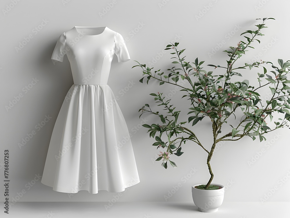 Elegant White Dress Beside Potted Plant in Serene Minimalist Setting