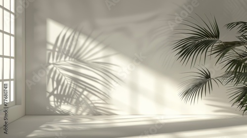 A palm trees shadow is projected onto a wall, creating a striking contrast between light and dark. The sharp silhouette of the trees fronds is clearly defined against the flat surface.