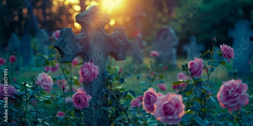 A cemetery scene with pink roses prominently in the foreground, drawing attention to the vibrancy of the flowers. In the background stands a solemn cross, creating a somber atmosphere. © tashechka
