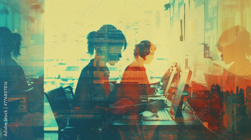 Two individuals are seated at a table with laptops in front of them ...