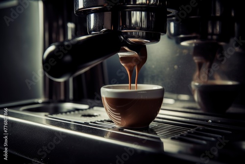 espresso machine pouring espresso, close up shot, cinematic dark color theme