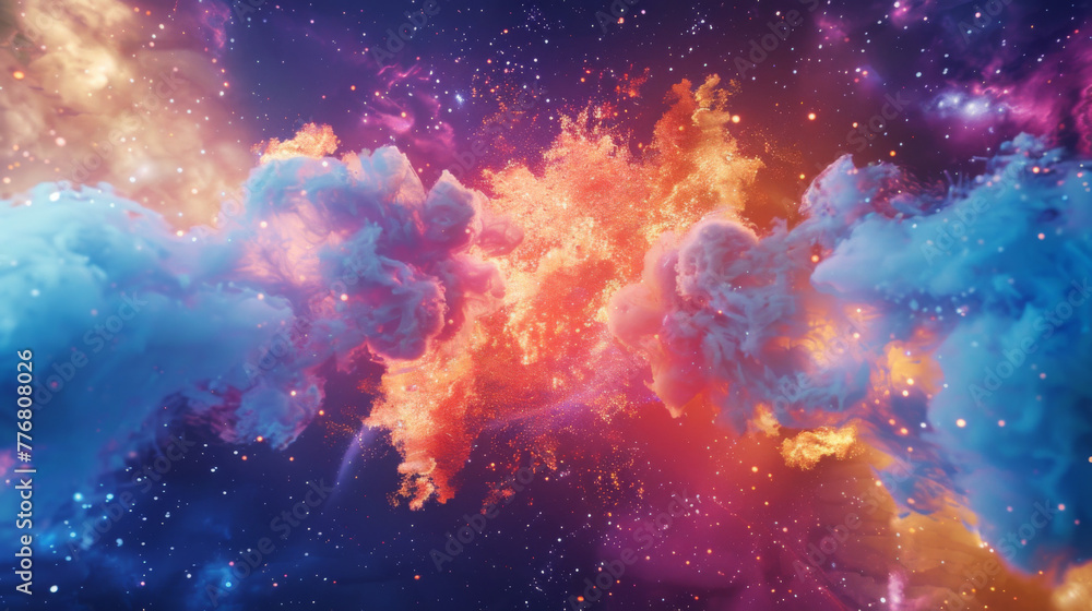 Colorful explosion of paint and powder, creating an abstract background with colorful dust clouds and flying particles