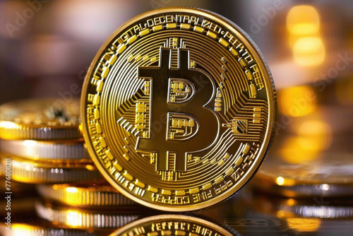A close-up image of a shiny Bitcoin coin in focus with blurred golden coins in the background.