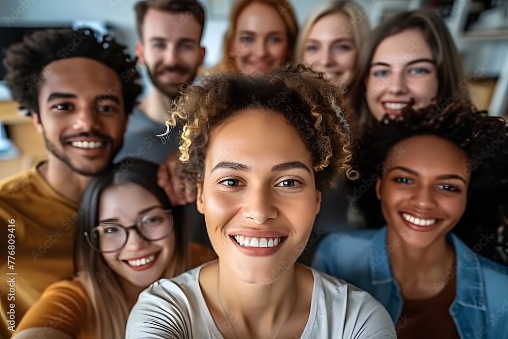 Multicultural happy people taking group selfie portrait in the office, diverse people celebrating together, Happy lifestyle and teamwork concept	
