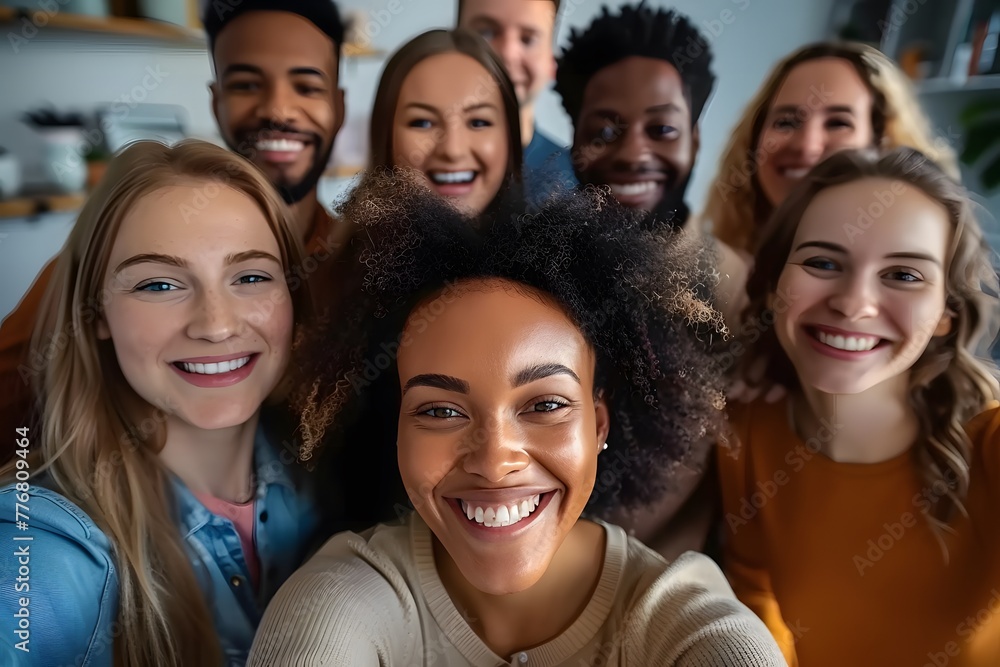 Obraz premium Multicultural happy people taking group selfie portrait in the office, diverse people celebrating together, Happy lifestyle and teamwork concept 