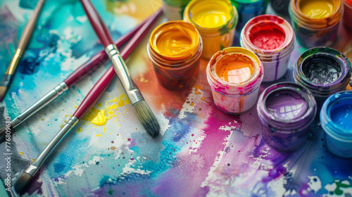 An inspiring array of paint jars and brushes amidst vibrant spills of paint on a colorful background photo