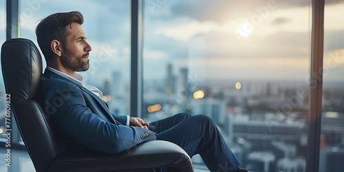 A handsome businessman sits in an office chair and looks at the city view through a window. photo