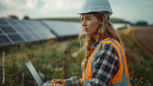 A Professional female engineer in a safety helmet works on a laptop at a solar farm during a field evaluation outdoor.