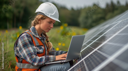A Professional female engineer in a safety helmet works on a laptop at a solar farm during a field evaluation outdoor.